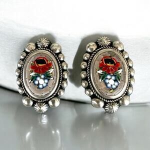 Vintage 60s micro mosaic floral silver tone American western earrings clip on